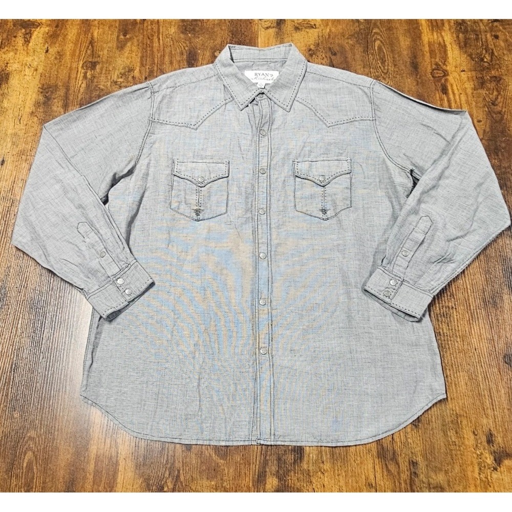Ryan Michael Mens XL Western Shirt Gray Micro Check Silk Linen Pick Stitching